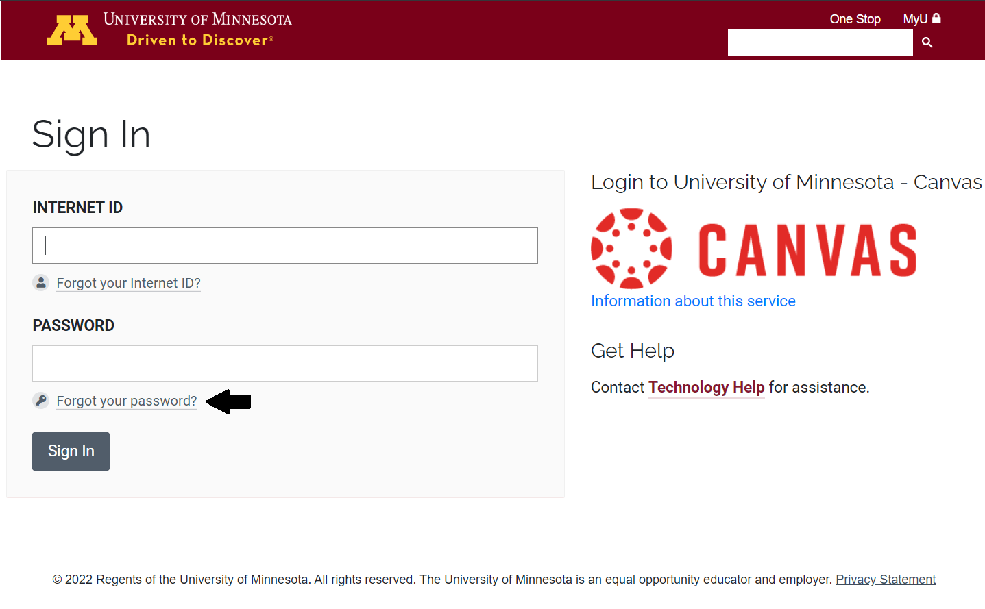 click on forgot password in canvas umn login page