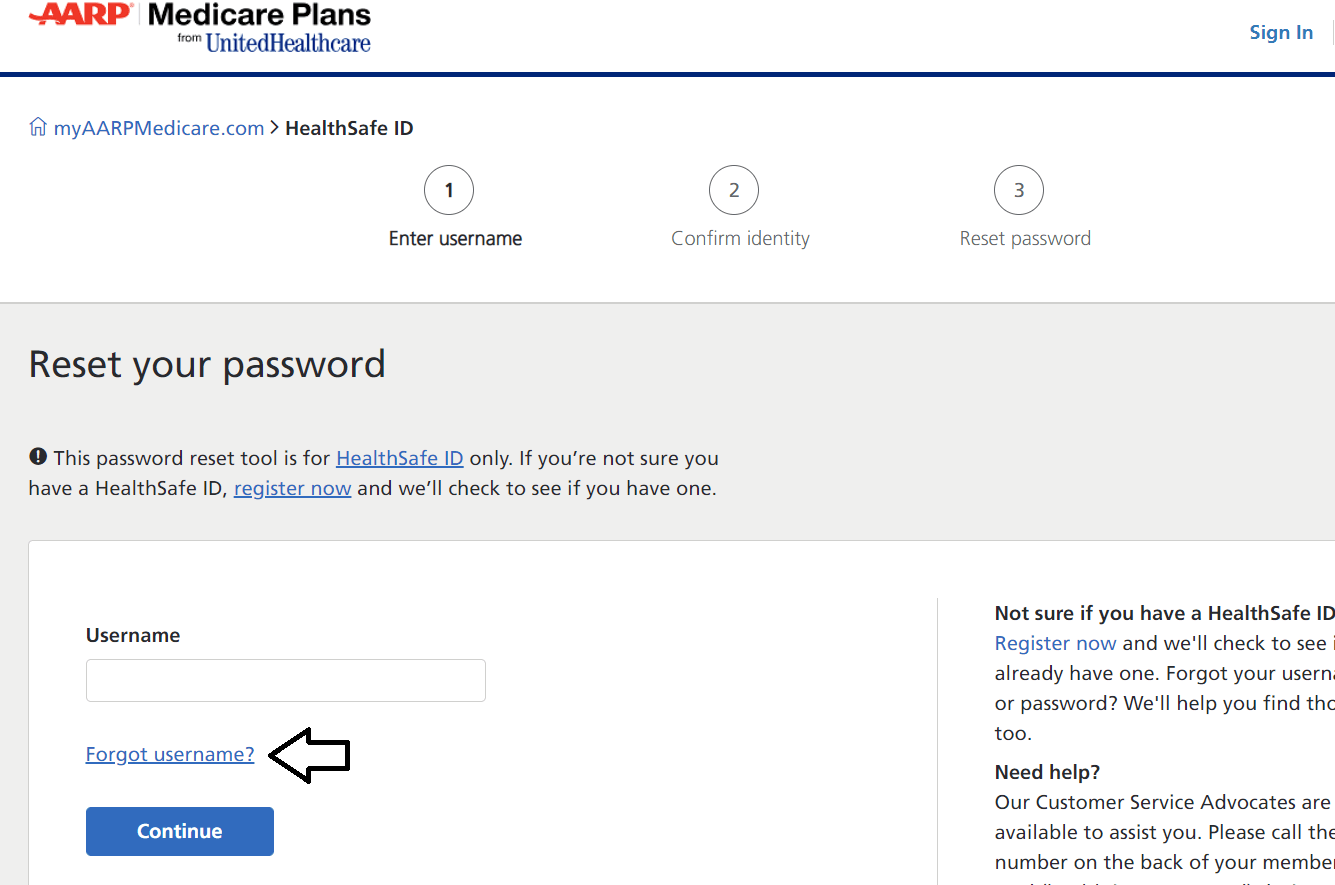 click on forgot username in myaarpmedicare password reset page