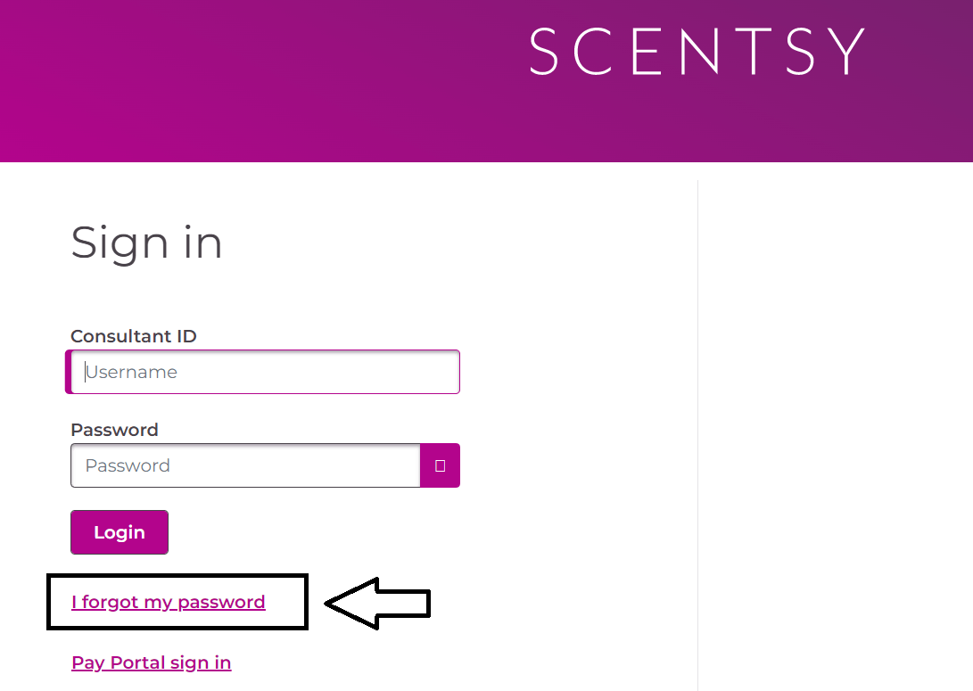 click on i forgot my password in scentsy dashboard login page