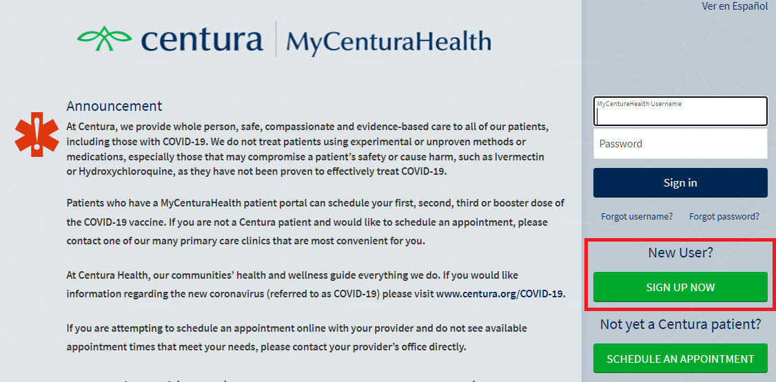 click on sign up now in mycentura login page