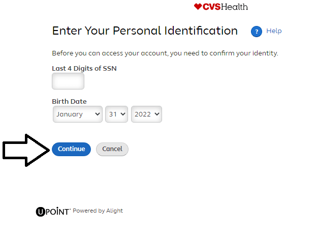 enter required details and click on continue to register an account on myhr cvs login portal
