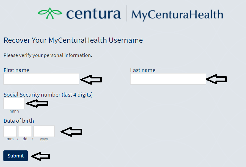 enter required details and click on next to recover mycenturahealth username