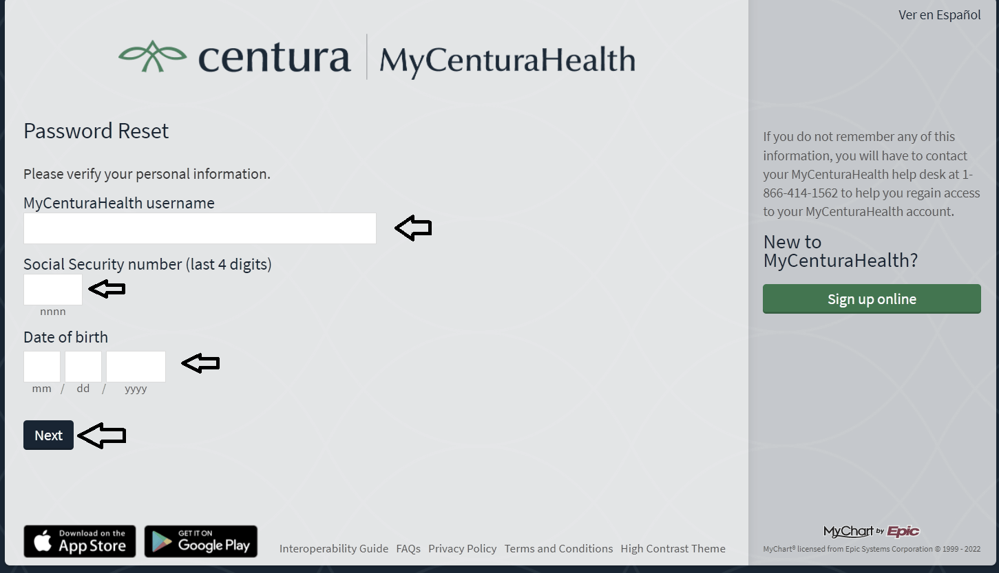 enter required details and click on next to reset mycenturahealth login password