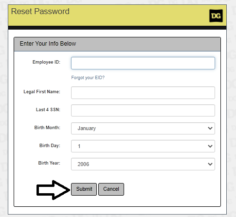 enter required details and click on submit to reset dgme employee access login password