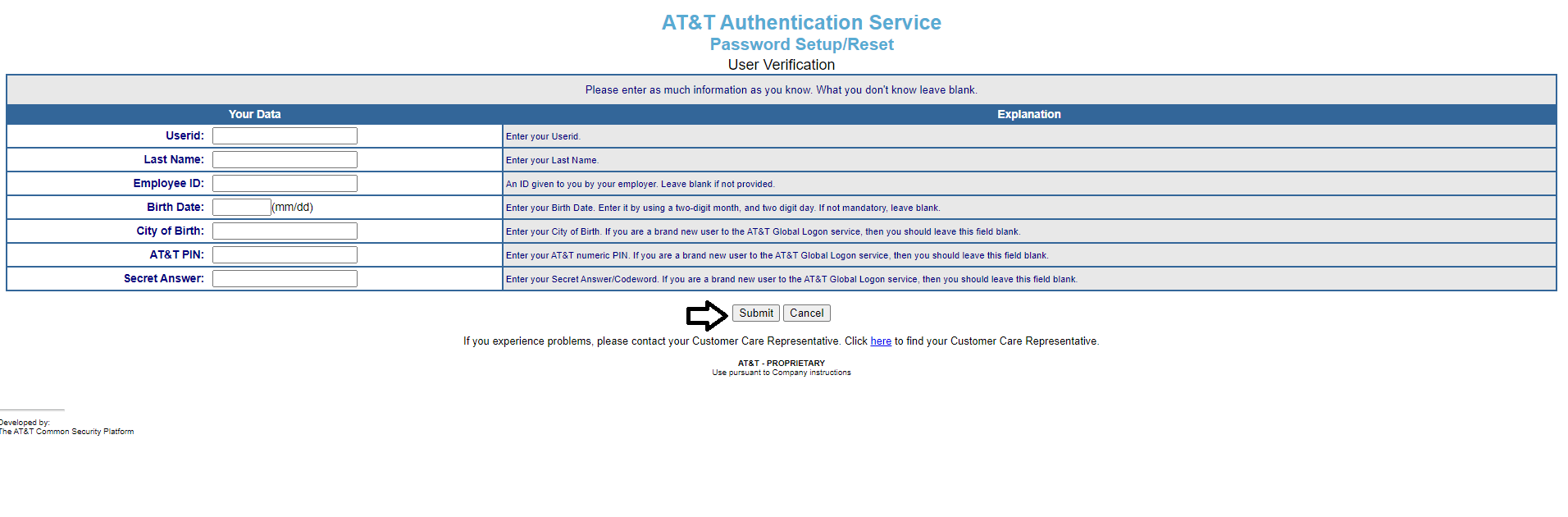 enter required details and click on submit to reset hronestop att login password