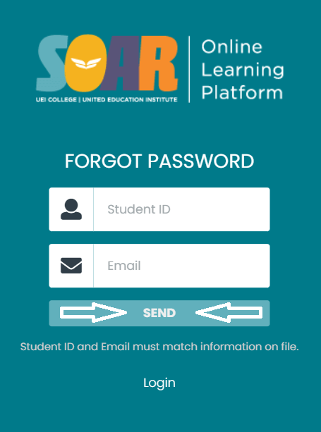 enter student id and email then click on sent to reset uei student portal login password