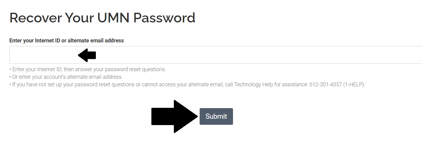 enter umn portal internet id and click on submit to reset canvas umn login password