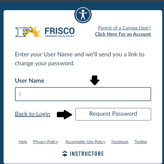 enter username and click on request password to reset canvas fisd login password