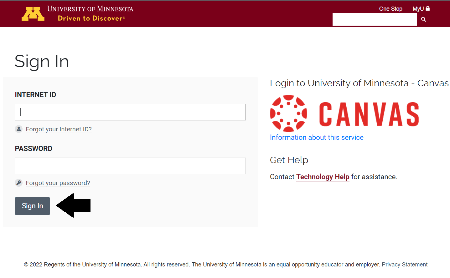 enter username and password to login to canvas umn account