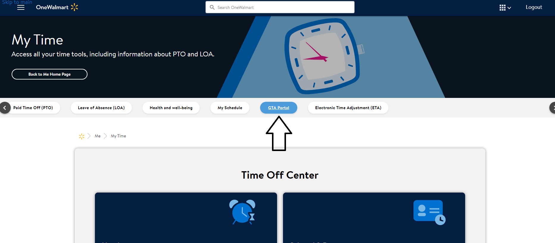 open my time walmart official page and click on gta portal