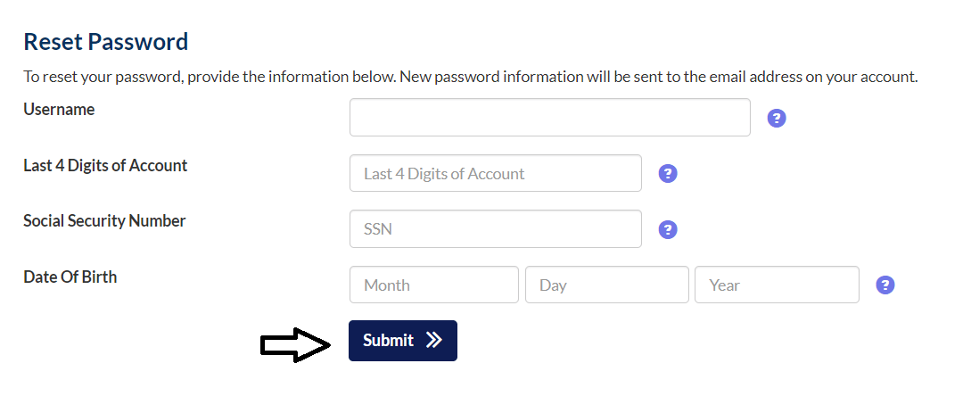 add required details and click on submit to reset destiny credit card login password