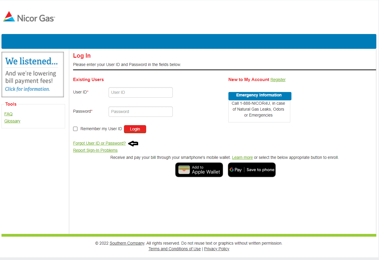 click on forgot user id or password in nicor gas login page