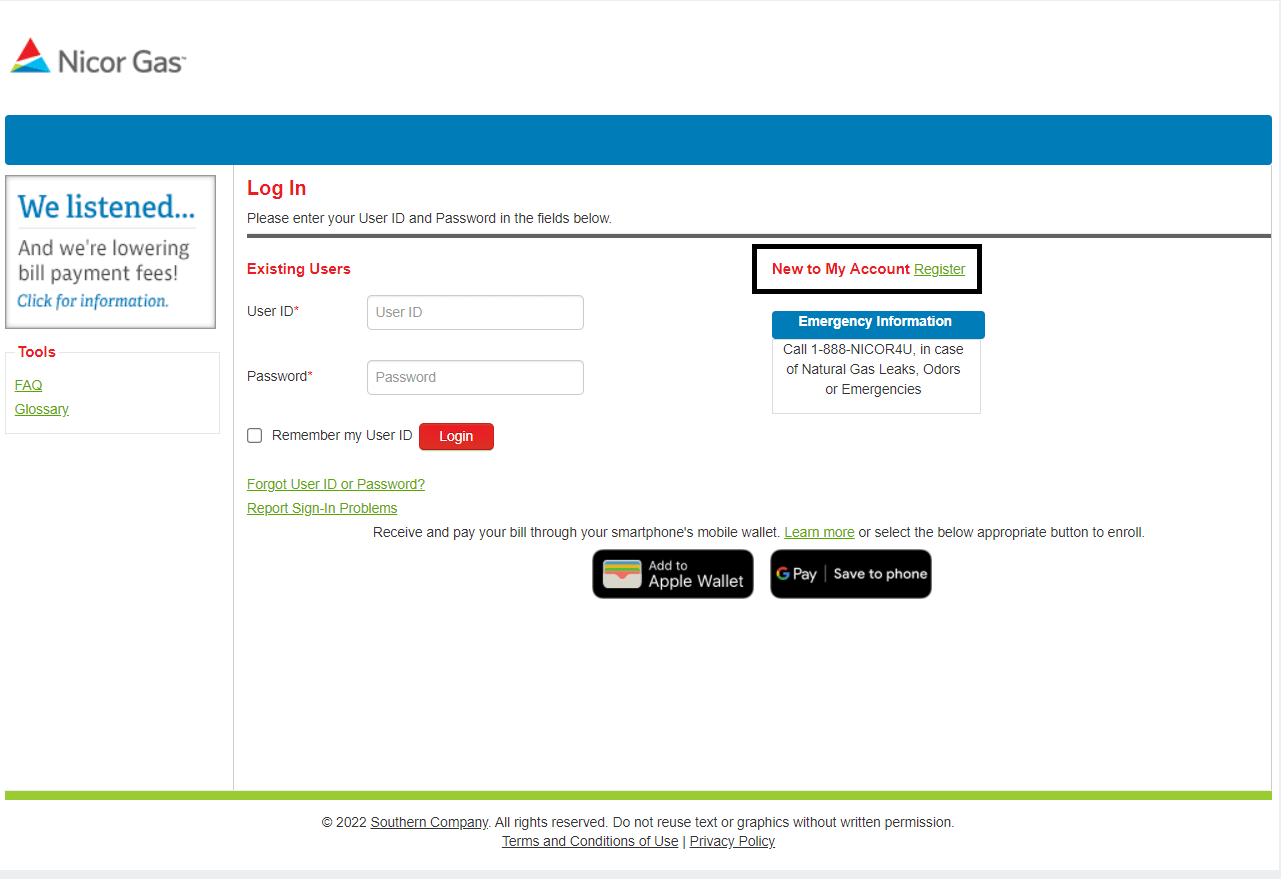 click on new to my account register in nicor gas login page