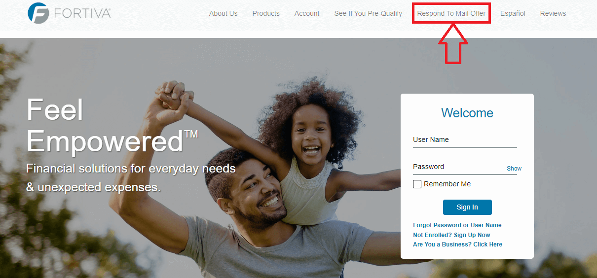 click on respond to mail offer in fortiva credit card website