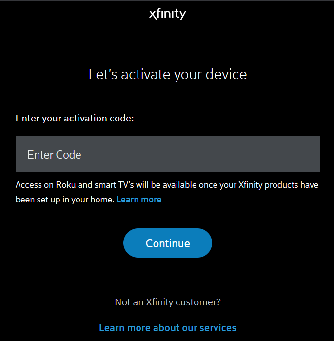 enter code to activate xfinity on roku and smart tvs