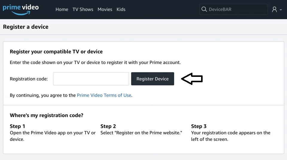 enter code to register device in amazon prime video