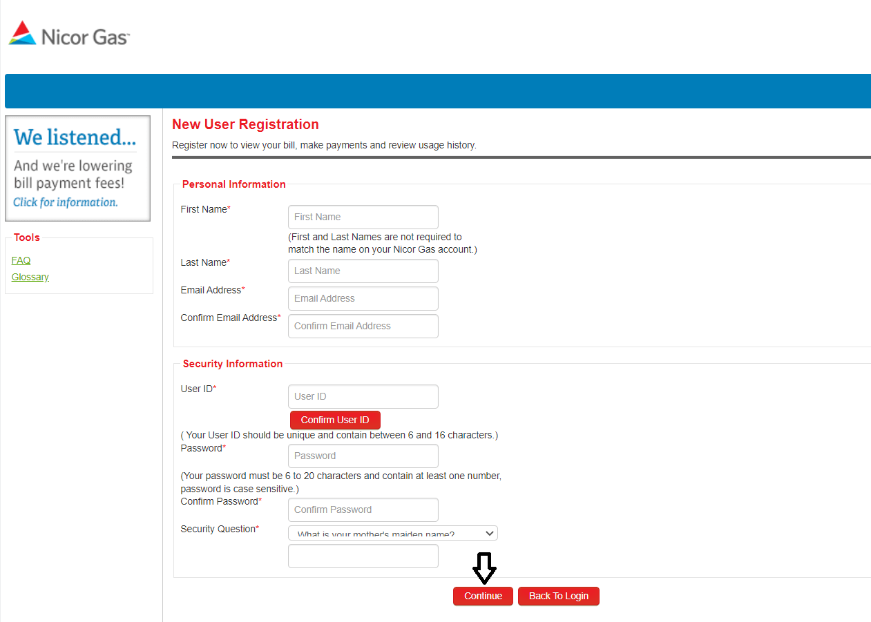 enter required details and click on confirm to register nicor gas login account