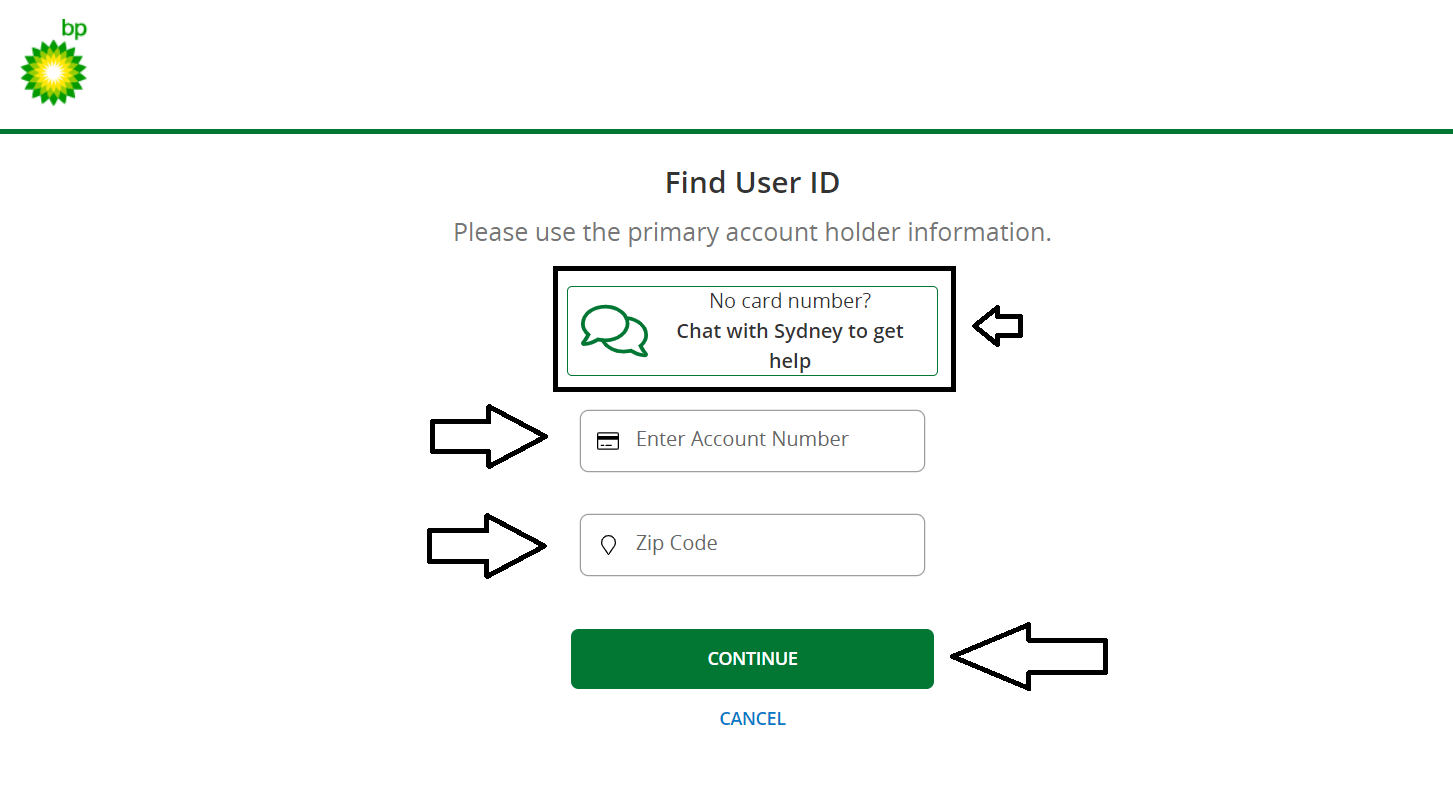 enter required details and click on continue to find mybpcreditcard user id