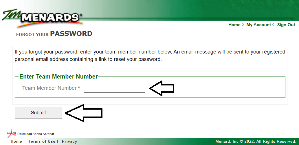 enter team member number and click on submit to reset tm menards login page