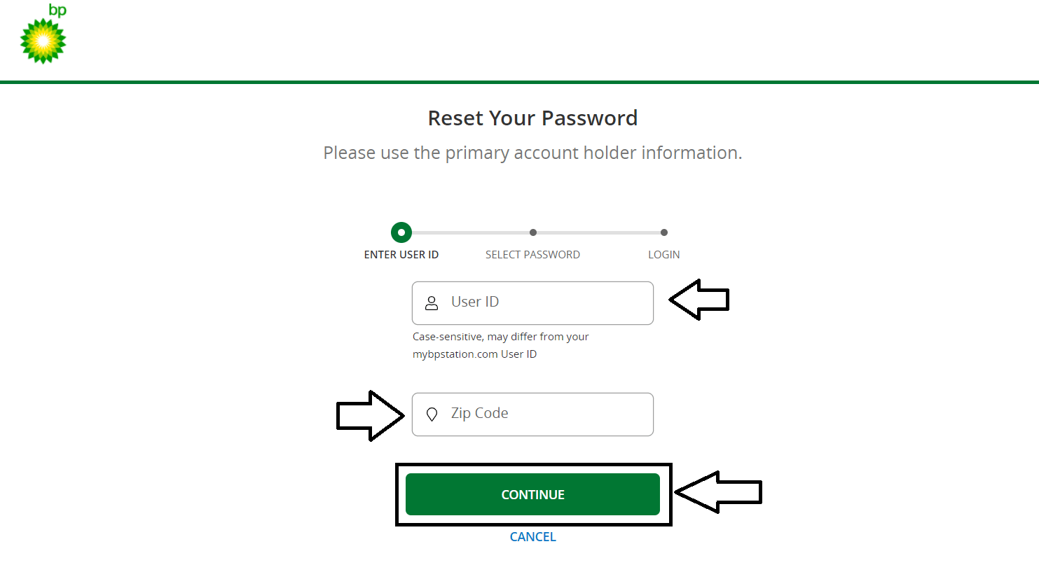 enter user id and zip code and then click on continue to reset mybpcreditcard login password