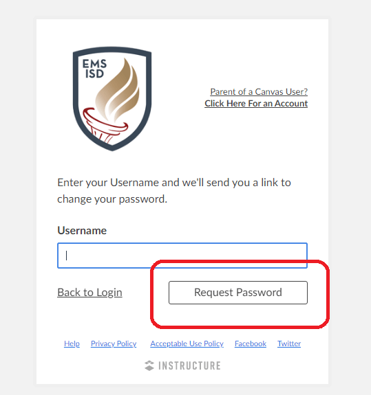 enter username and click on request password to reset canvas emsisd login password