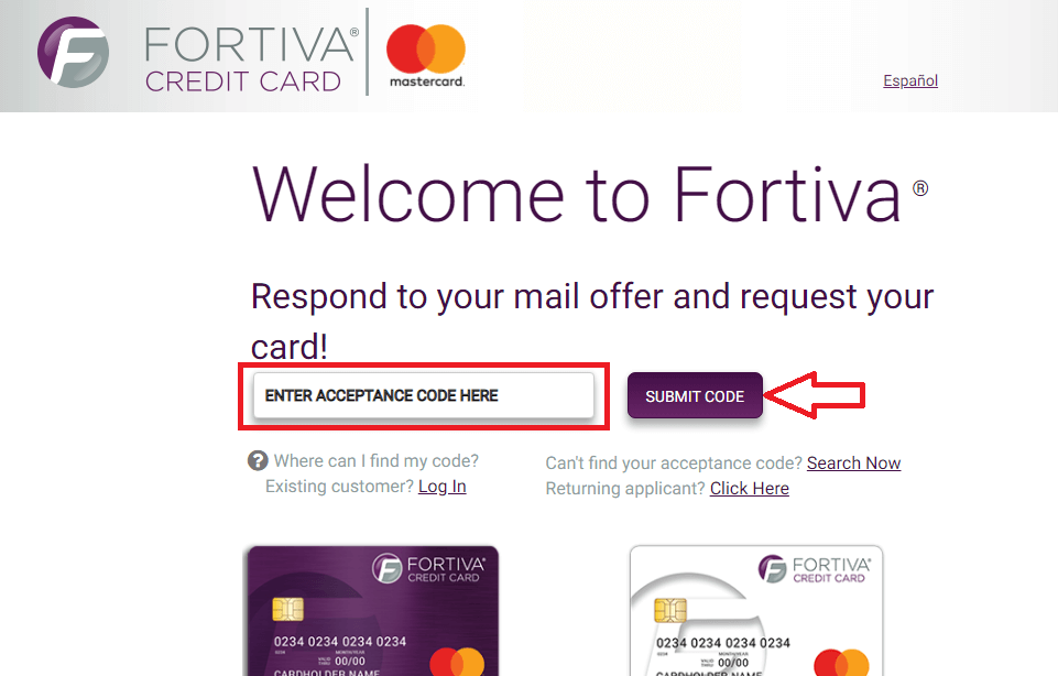 submi fortiva credit card acceptance code to apply online