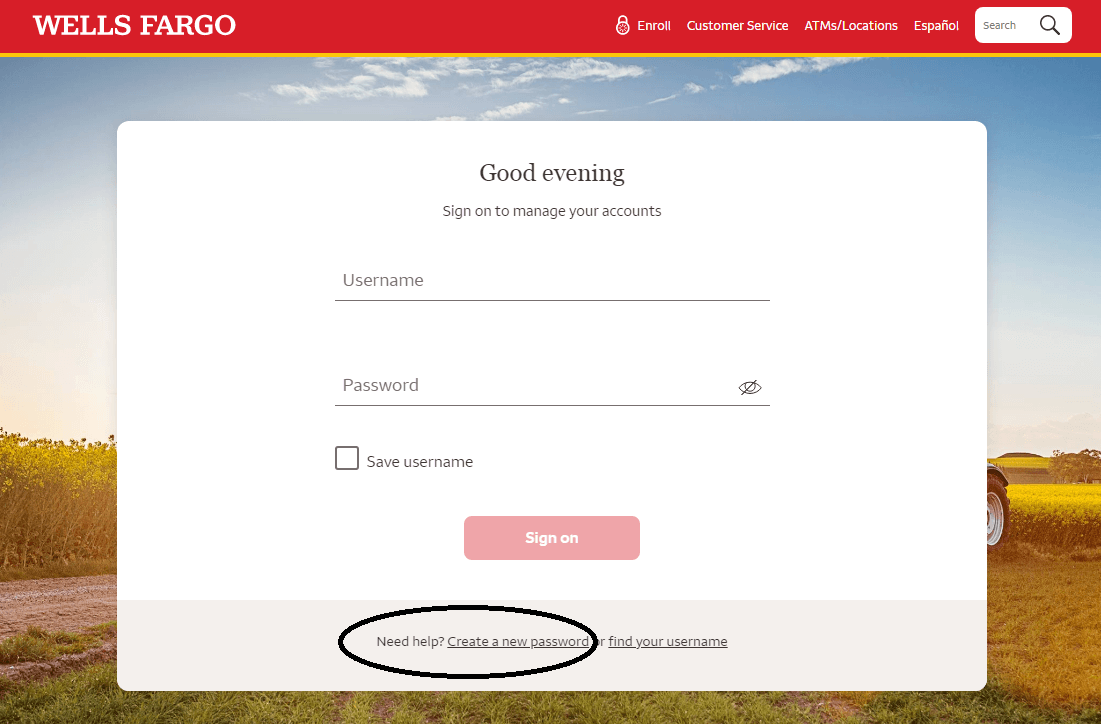 click on create new password in well fargo online banking page
