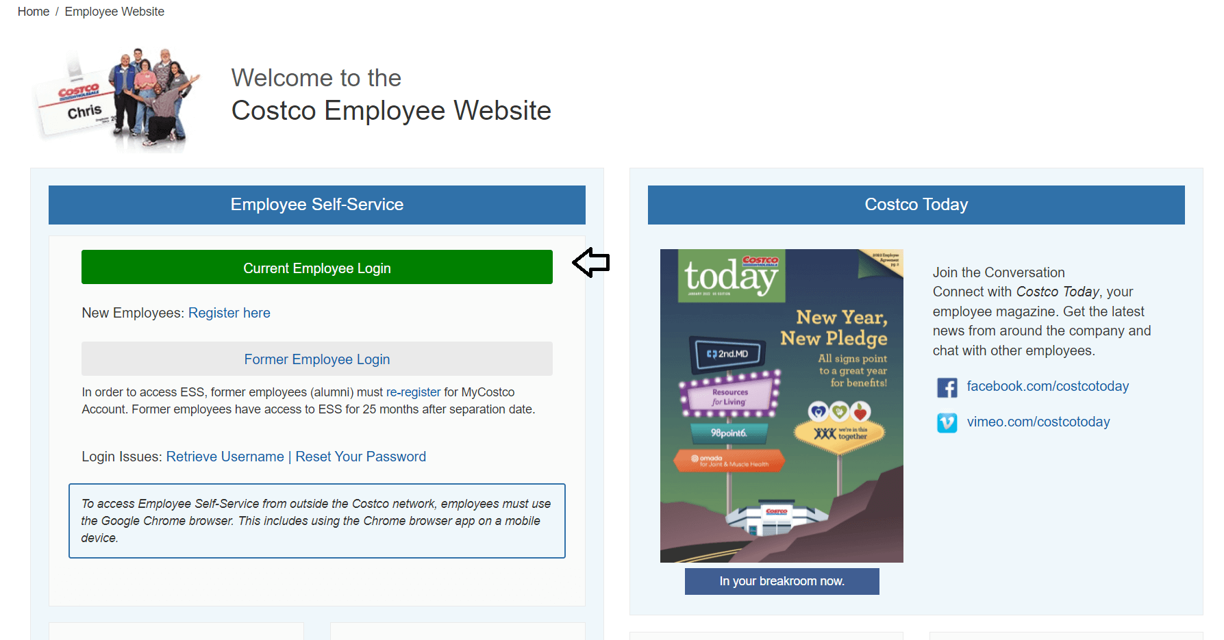 click on current employee in costco ess portal