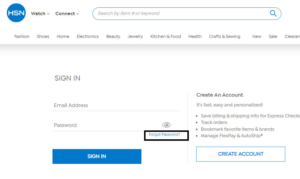 click on forgot password in hsn login page