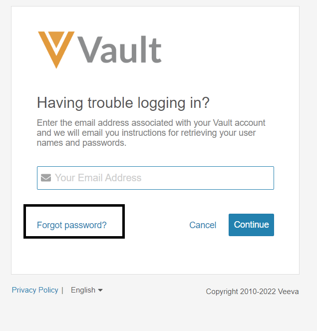 click on forgot password in viva vault website