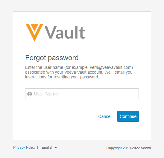 enter email id to reset viva vault login password