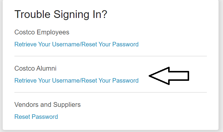 select retrive username or password for costco alumni