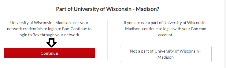 click on continue in uw madison box login page