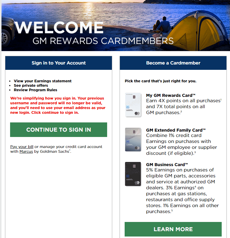 click on continue to sign in in gm card login page