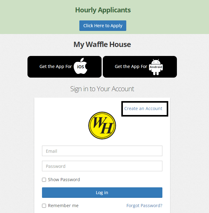 click on create account on mywafflehouse portal