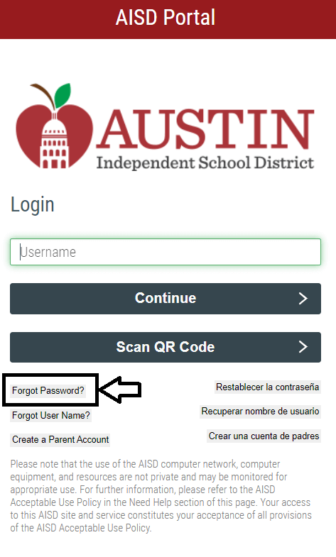 click on forgot password in aisd portal login page