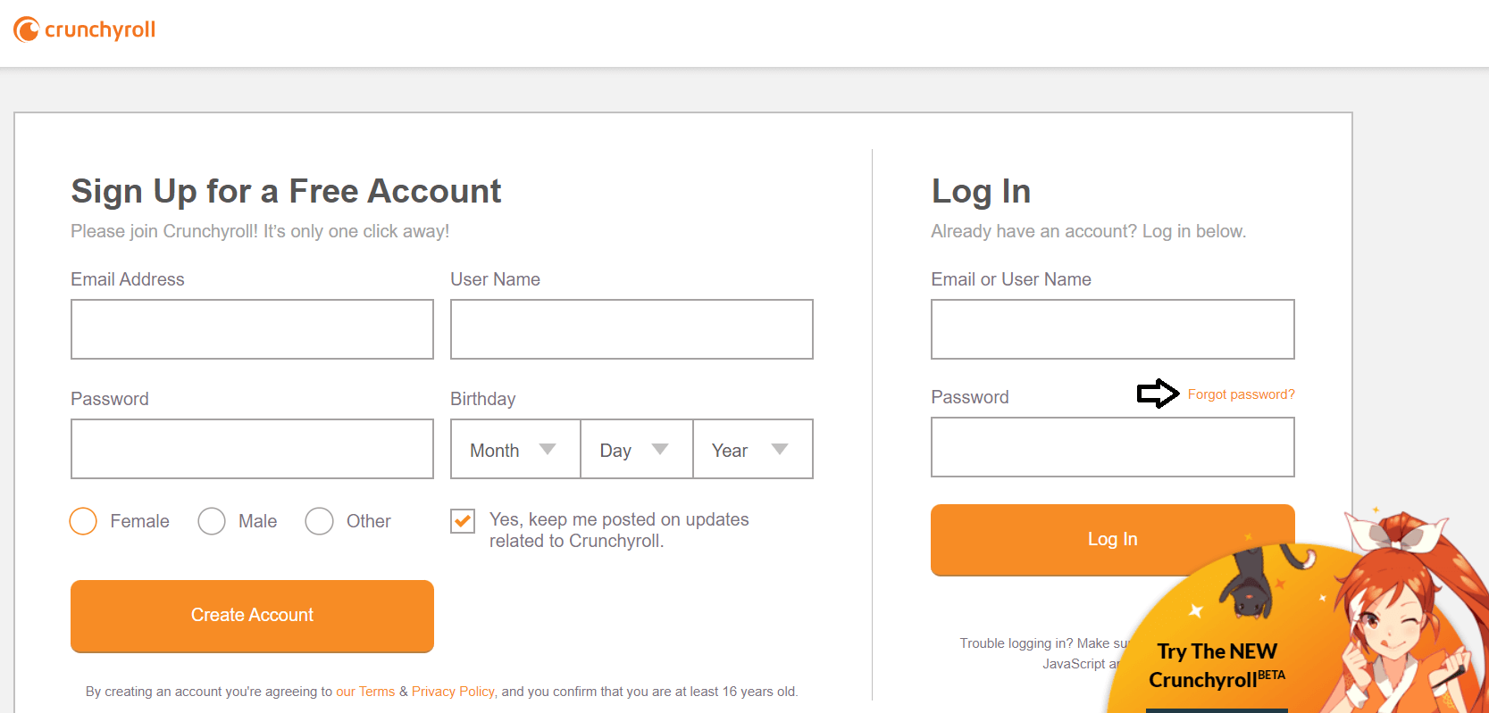 click on forgot password in crunchyroll website