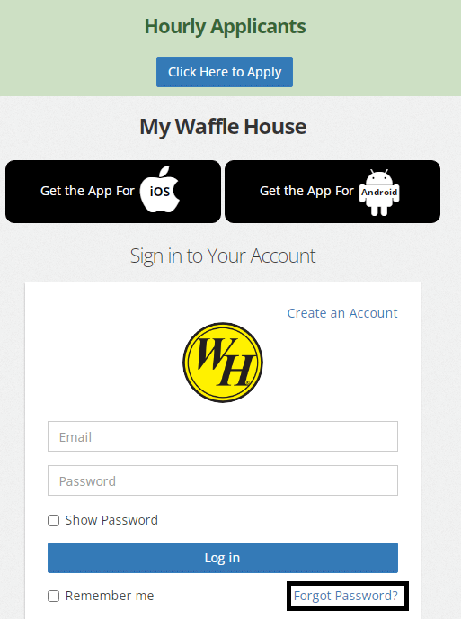 click on forgot password in mywafflehouse login page