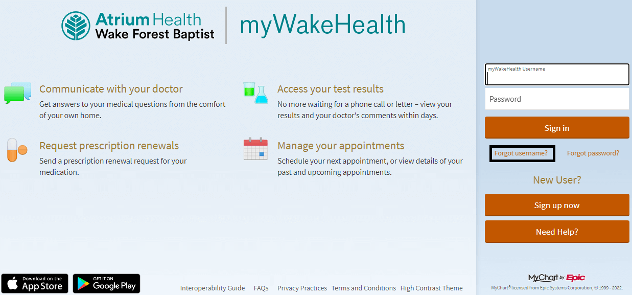 click on forgot username in my wake health employee portal page