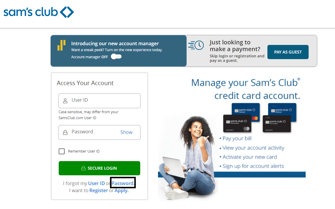 click on password in sams club credit card login page