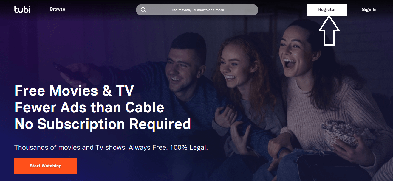 click on register on tubi tv website