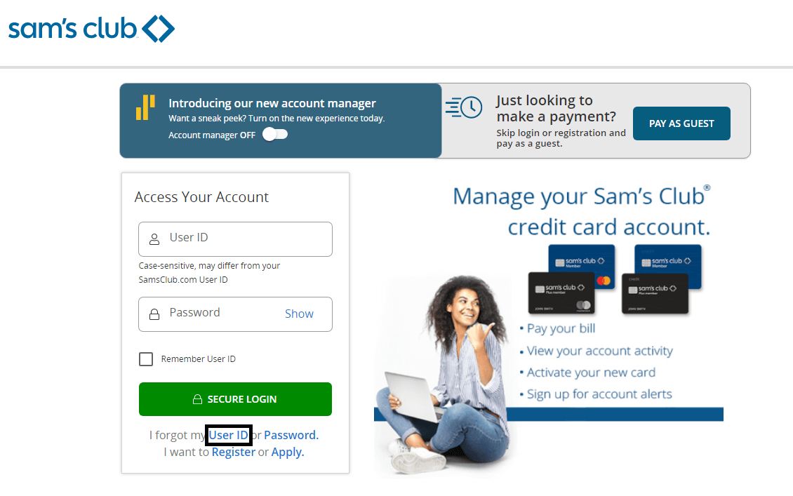 click on username in sams credit card website