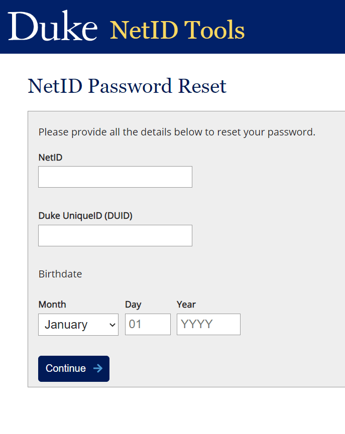 enter required details to reset duke outlook email login password