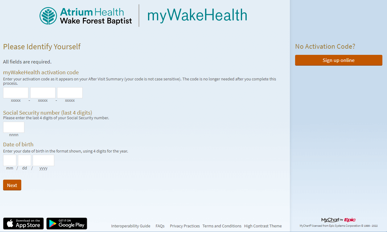 enter required details to signup for my wake health account