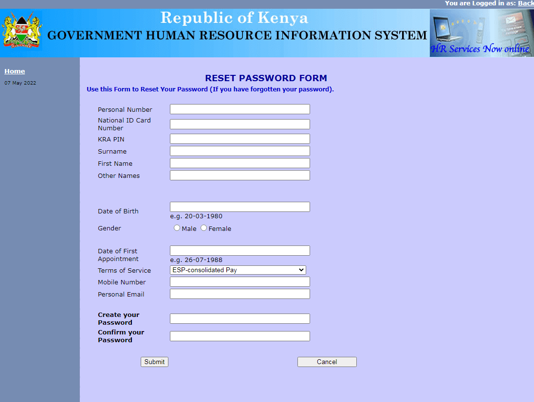 reset ghris payslip online login password