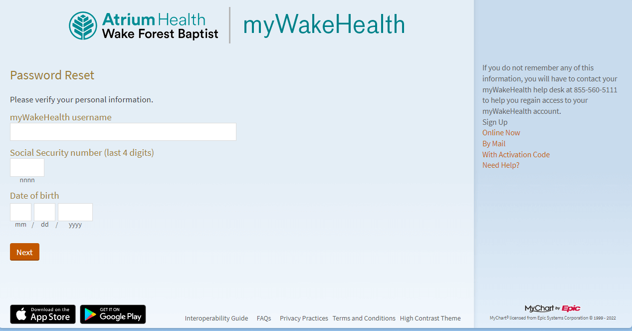 reset mywakehealth login password