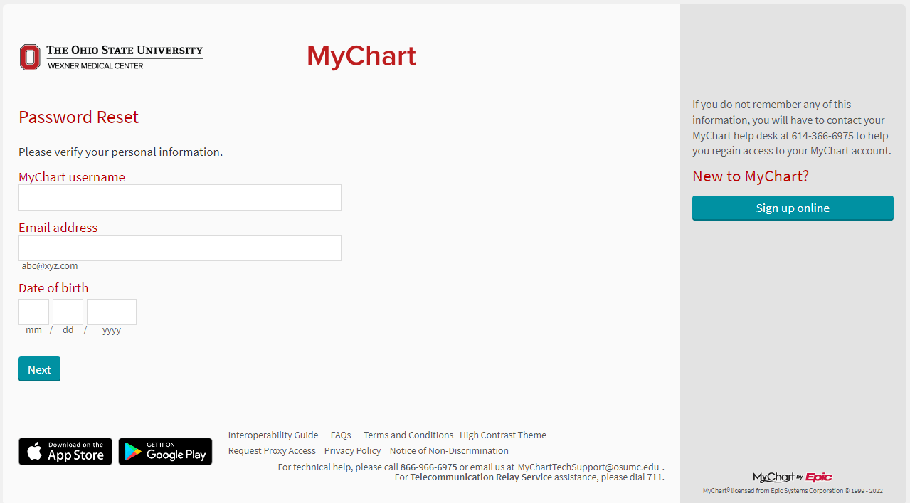 reset osu mychart login password