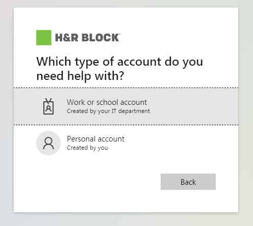 select work or school account to recover hrblock login account