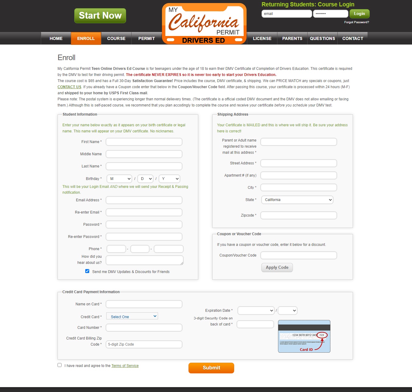 enter required details for dmv california driving permit