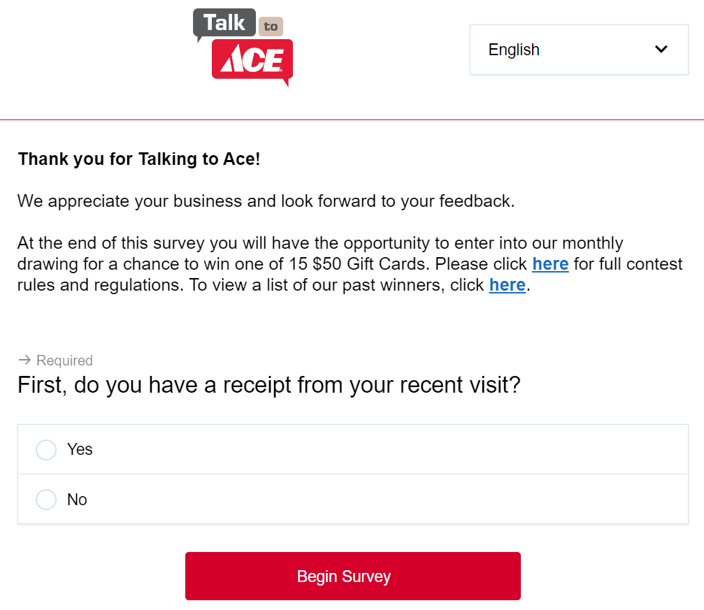 start ace hardware survey at talktoace